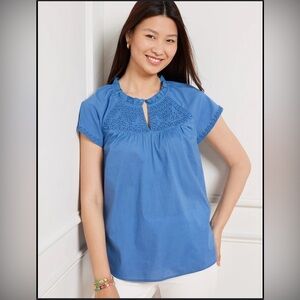 Talbots Blue Smocked Blouse with Split V-Neckline size M